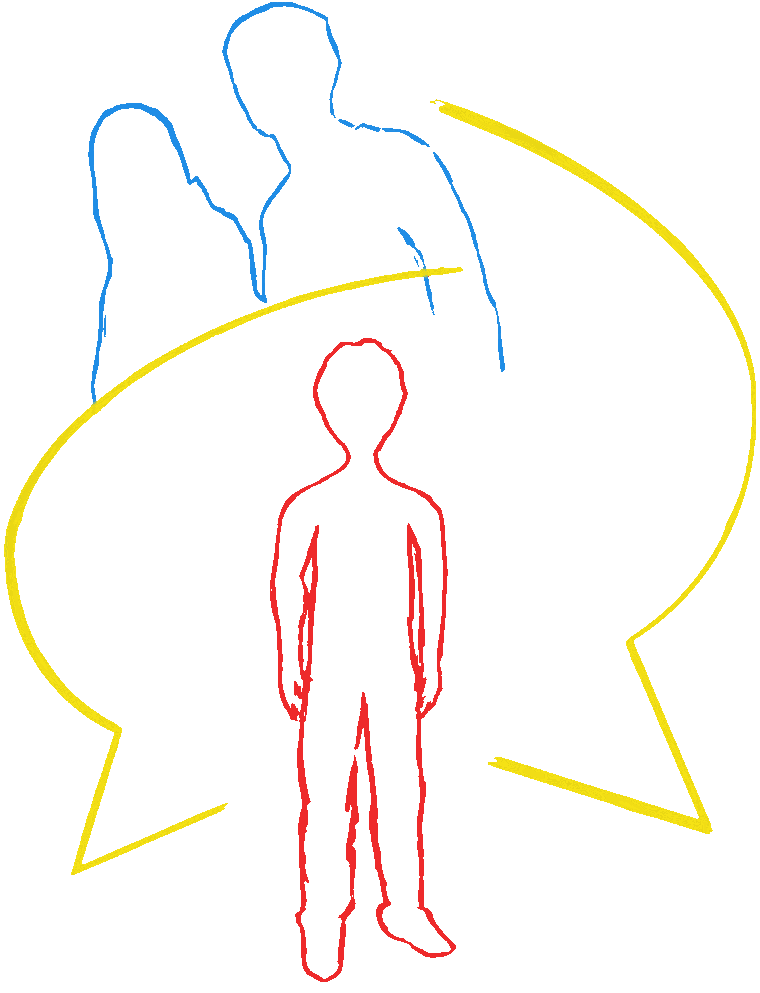 Gezeichnete Illustration: zwei Eltern und ein Kind vor einer Sprechblase